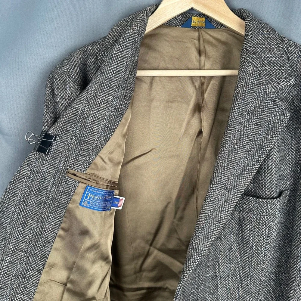 Vintage Pendleton Mens Grey Herringbone Wool Blazer Suede Elbow Patches 48 Long